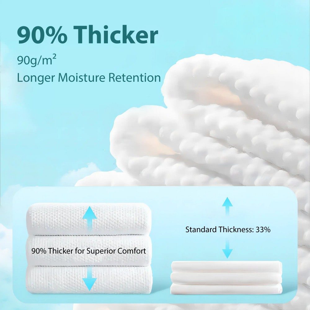 90% thicker facial tissue for superior comfort and moisture retention compared to standard wipes