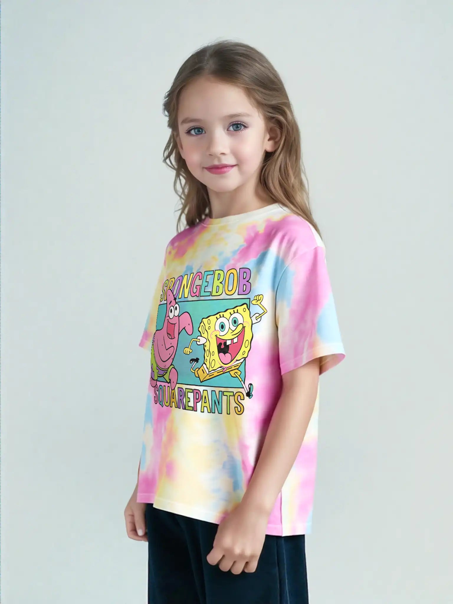 Young girl wearing a SpongeBob tie-dye graphic T-shirt – licensed character tee for girls in soft cotton, pastel colors