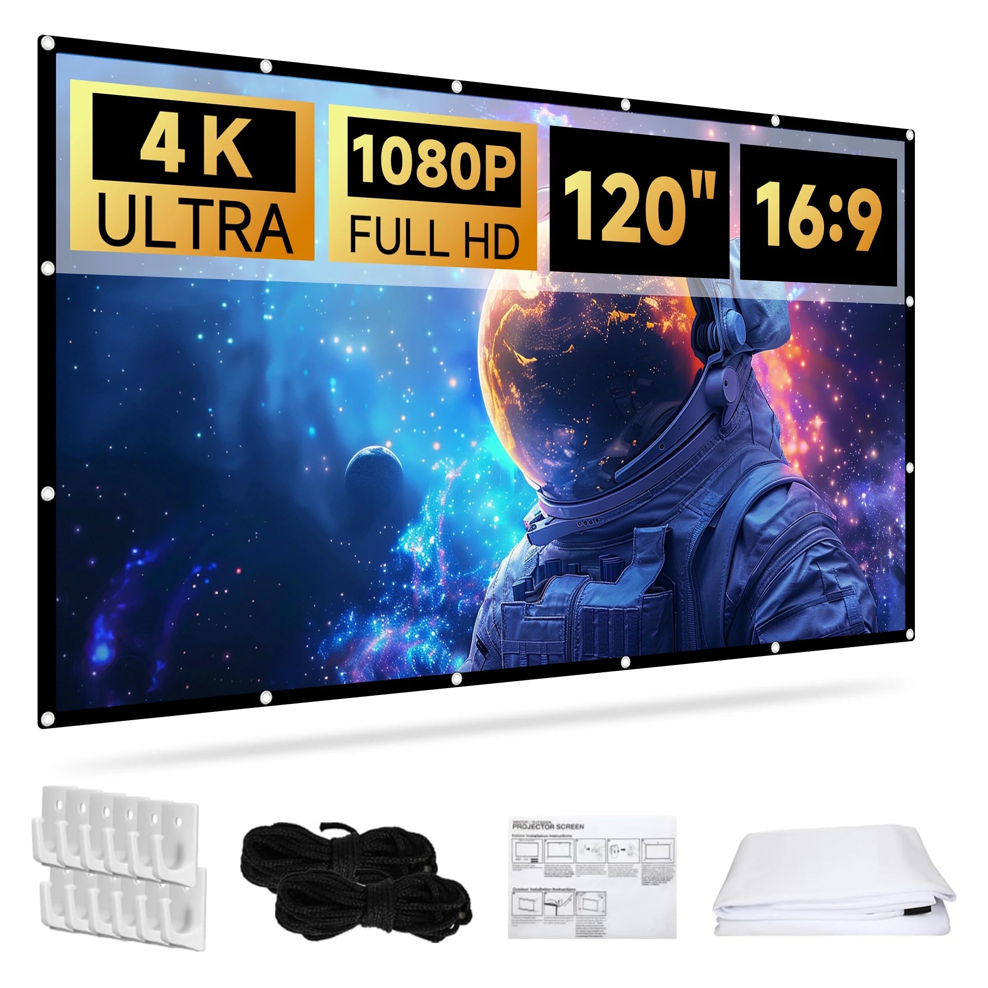 120-inch 4K 16:9 projector screen with included accessories: hooks, ropes, instructions, and foldable screen