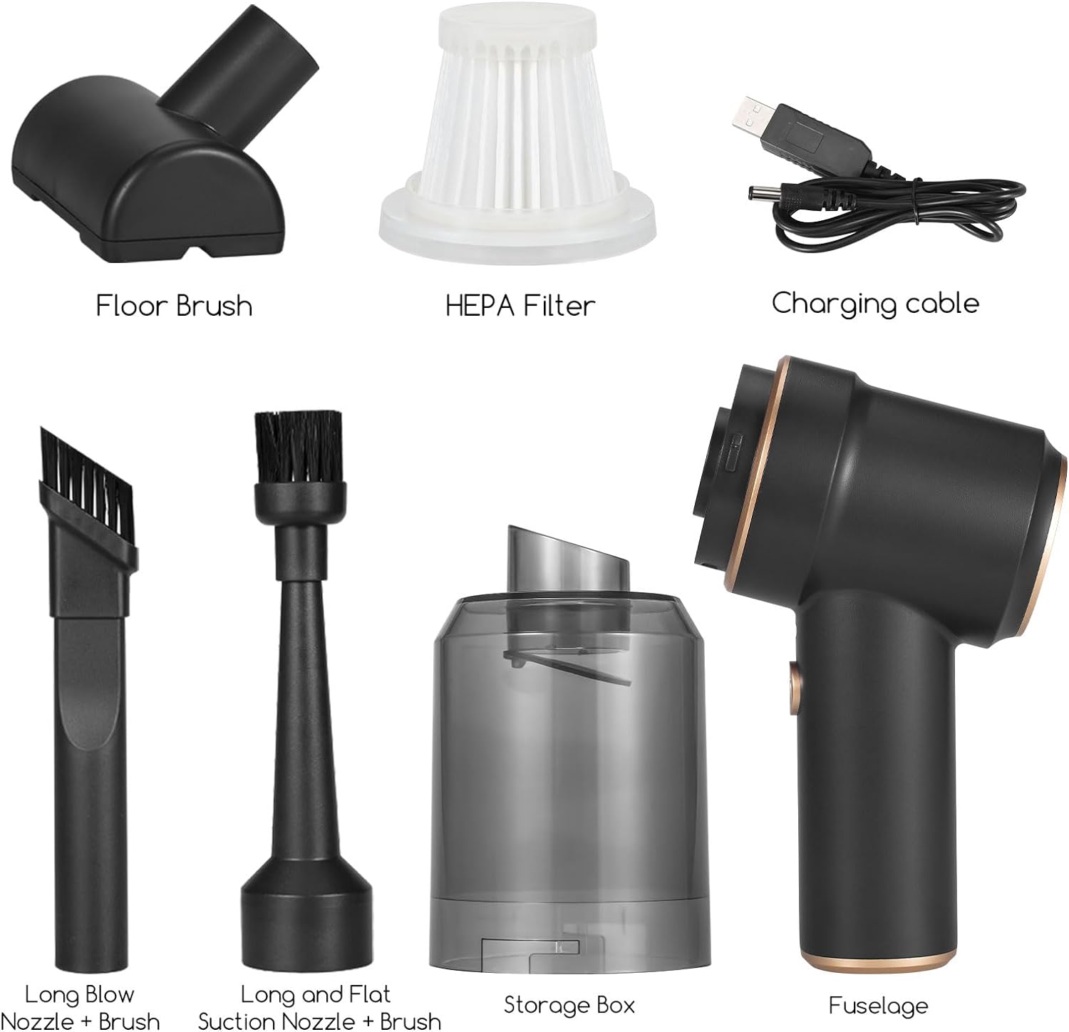 Complete set of mini vacuum cleaner accessories including HEPA filter, floor brush, suction nozzles, USB charging cable, and dust storage box.
