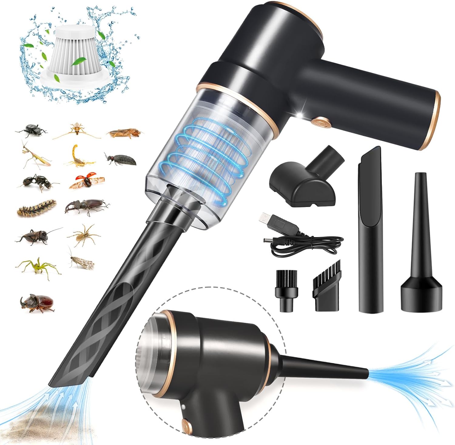 Portable mini vacuum cleaner with HEPA filter, suction nozzles, and USB charging cable, suitable for car cleaning, desktop dusting, and catching small bugs.