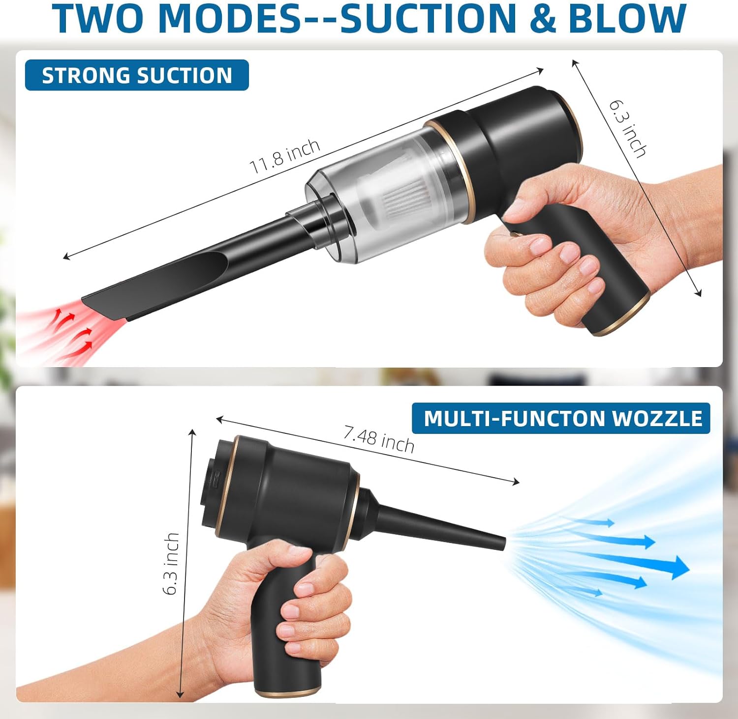Portable mini vacuum cleaner with 6000Pa strong suction power, USB rechargeable, designed for cleaning car interiors and compatible with power banks, adapters, and car chargers.