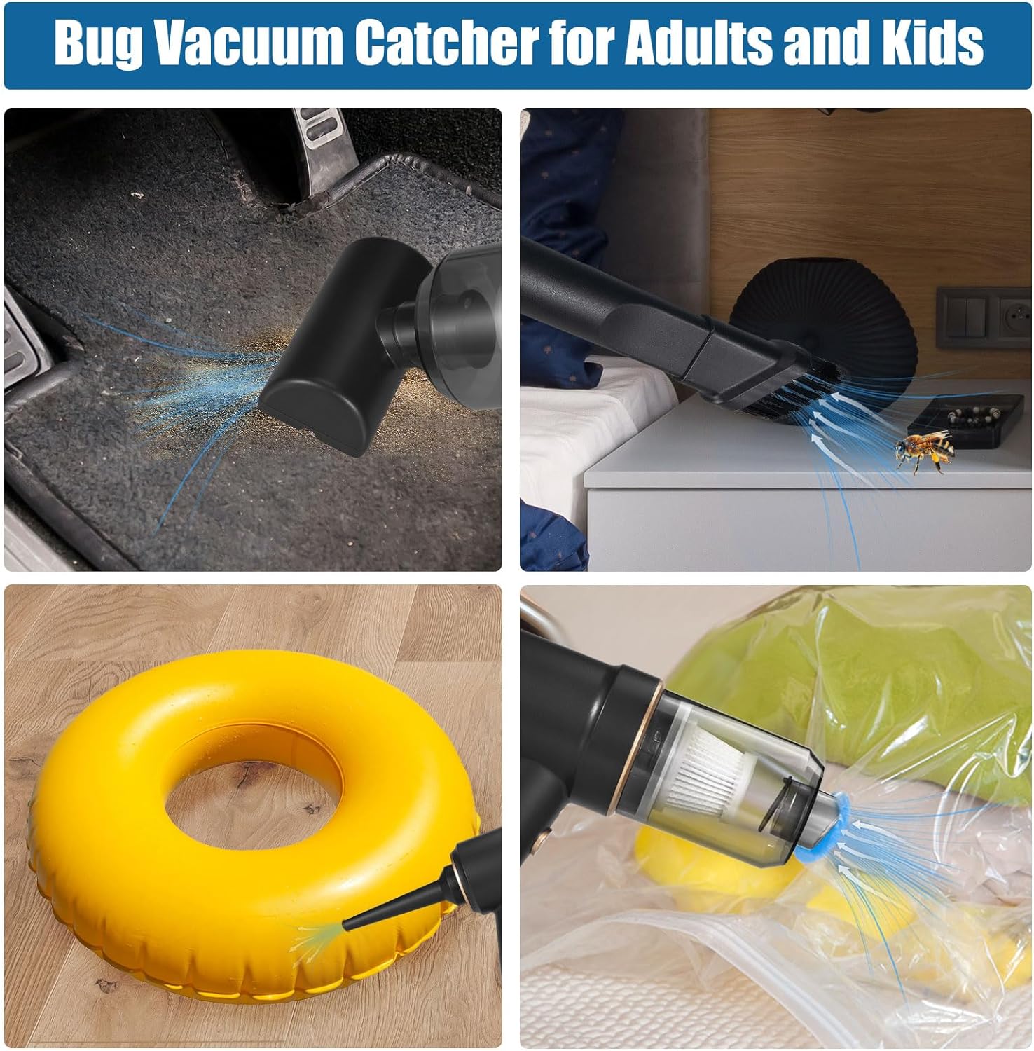 Portable mini vacuum cleaner used for cleaning car carpet, removing insects from furniture, inflating toys, and vacuum sealing storage bags.