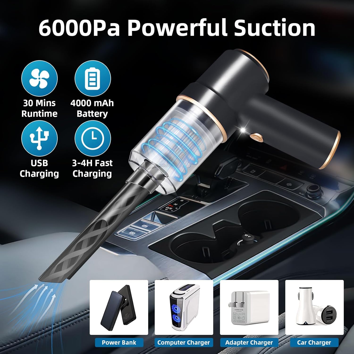 Portable mini vacuum cleaner with 6000Pa strong suction power, USB rechargeable, designed for cleaning car interiors and compatible with power banks, adapters, and car chargers.