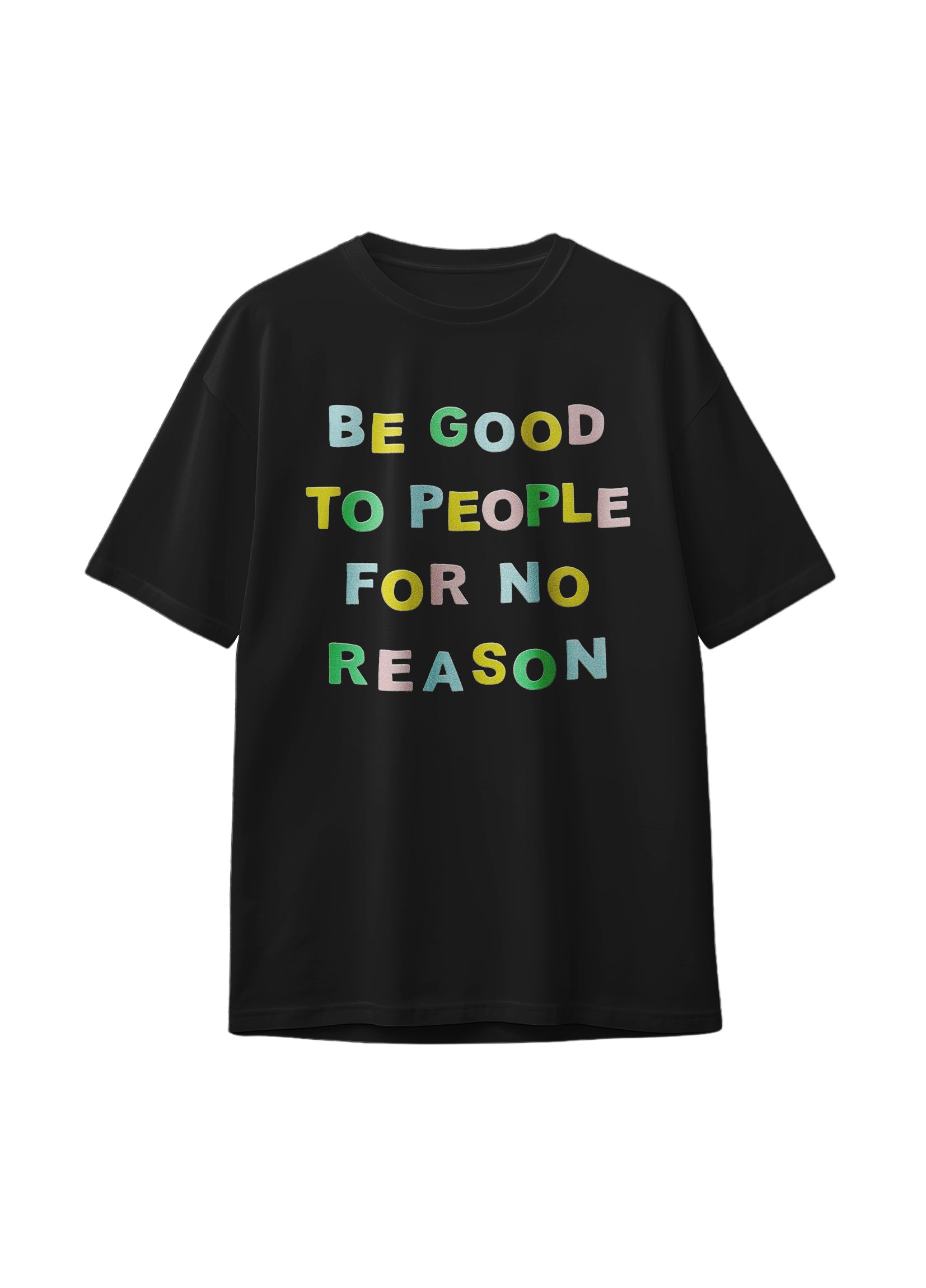 Flatlay of black graphic tee with colorful slogan 