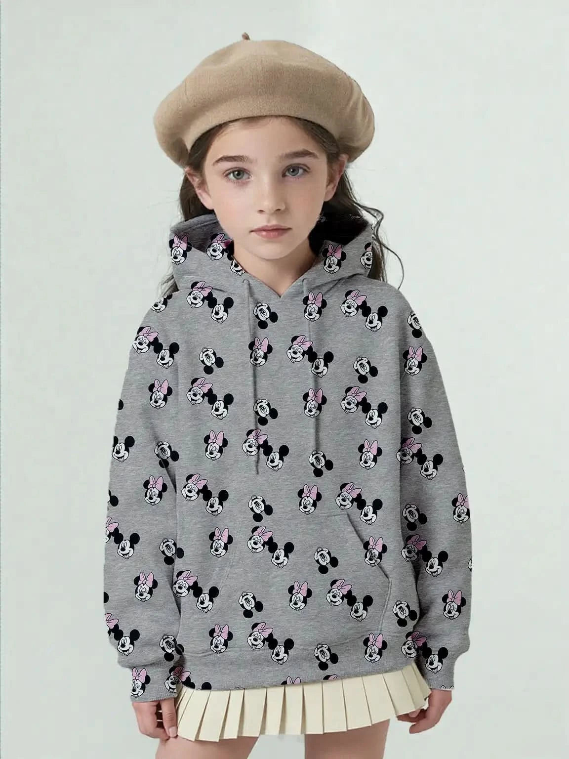Big girl wearing gray Disney Mickey & Minnie hoodie with full character print – kids fashion pullover