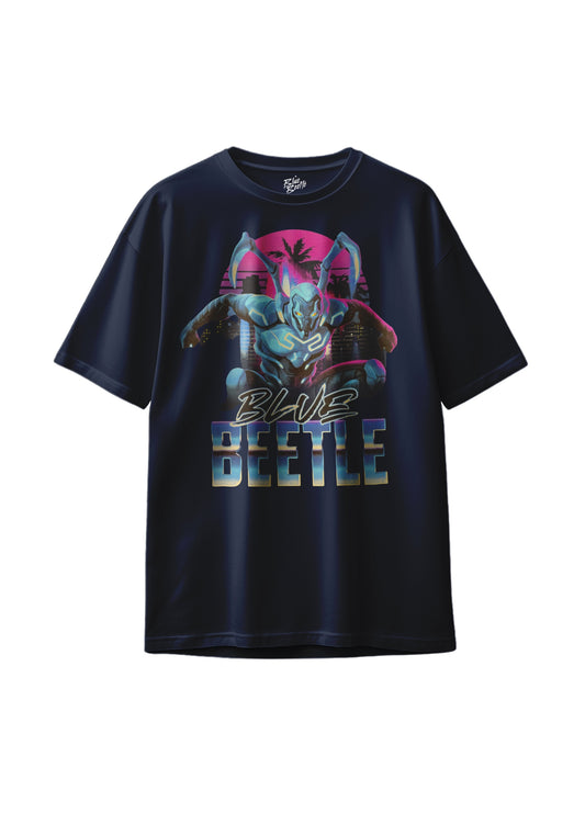 Flat lay of DC Blue Beetle City Jump graphic T-shirt in navy