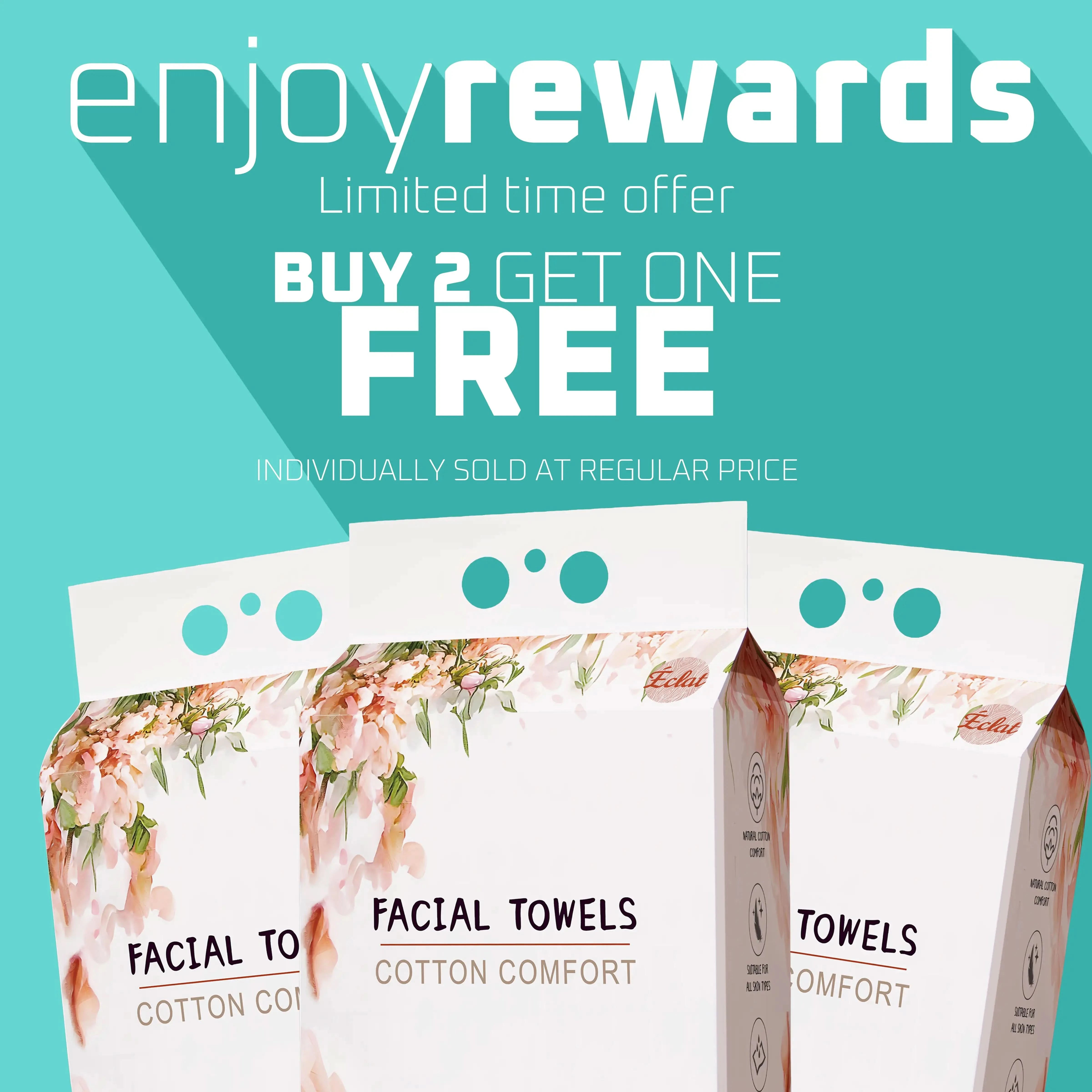 Promotional banner featuring Buy 2 Get 1 Free offer on disposable facial towels with floral packaging, perfect for skincare and daily cleansing.