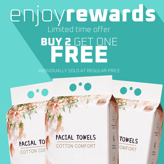 Promotional banner featuring Buy 2 Get 1 Free offer on disposable facial towels with floral packaging, perfect for skincare and daily cleansing.