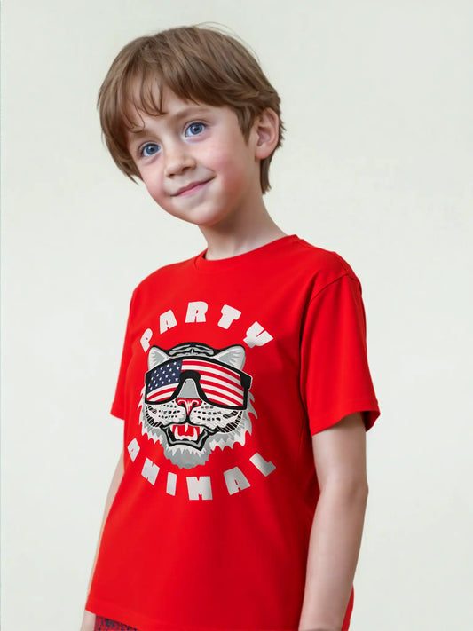 Young boy wearing red Cabana Party Animal graphic t-shirt featuring tiger with USA flag sunglasses.