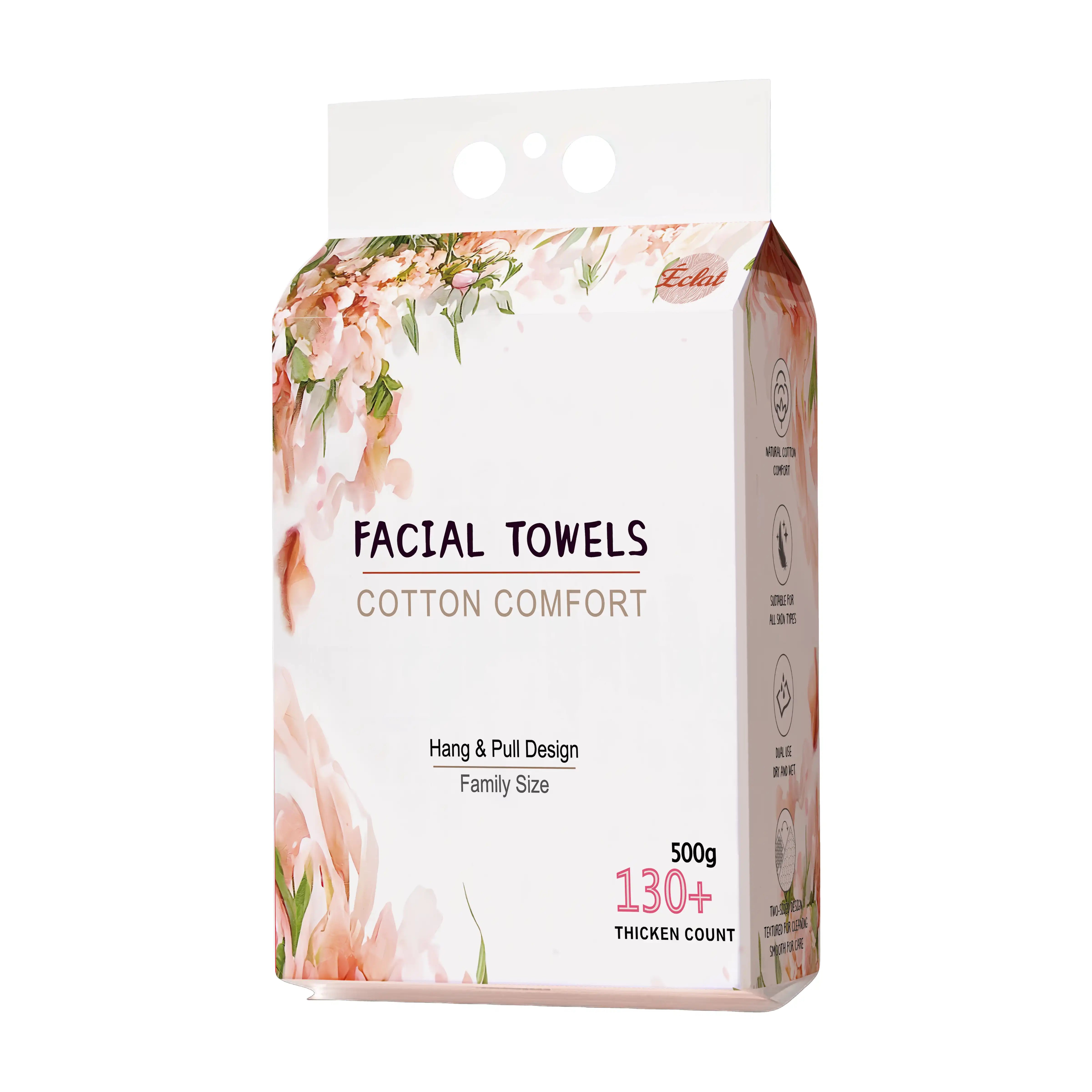 Front view of cotton facial towels with floral packaging, 130+ thick sheets, ideal for skincare, makeup removal, and gentle cleansing