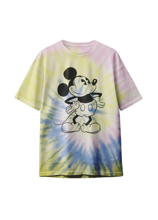 Flatlay of pastel tie-dye Mickey Mouse T-shirt with attitude sketch