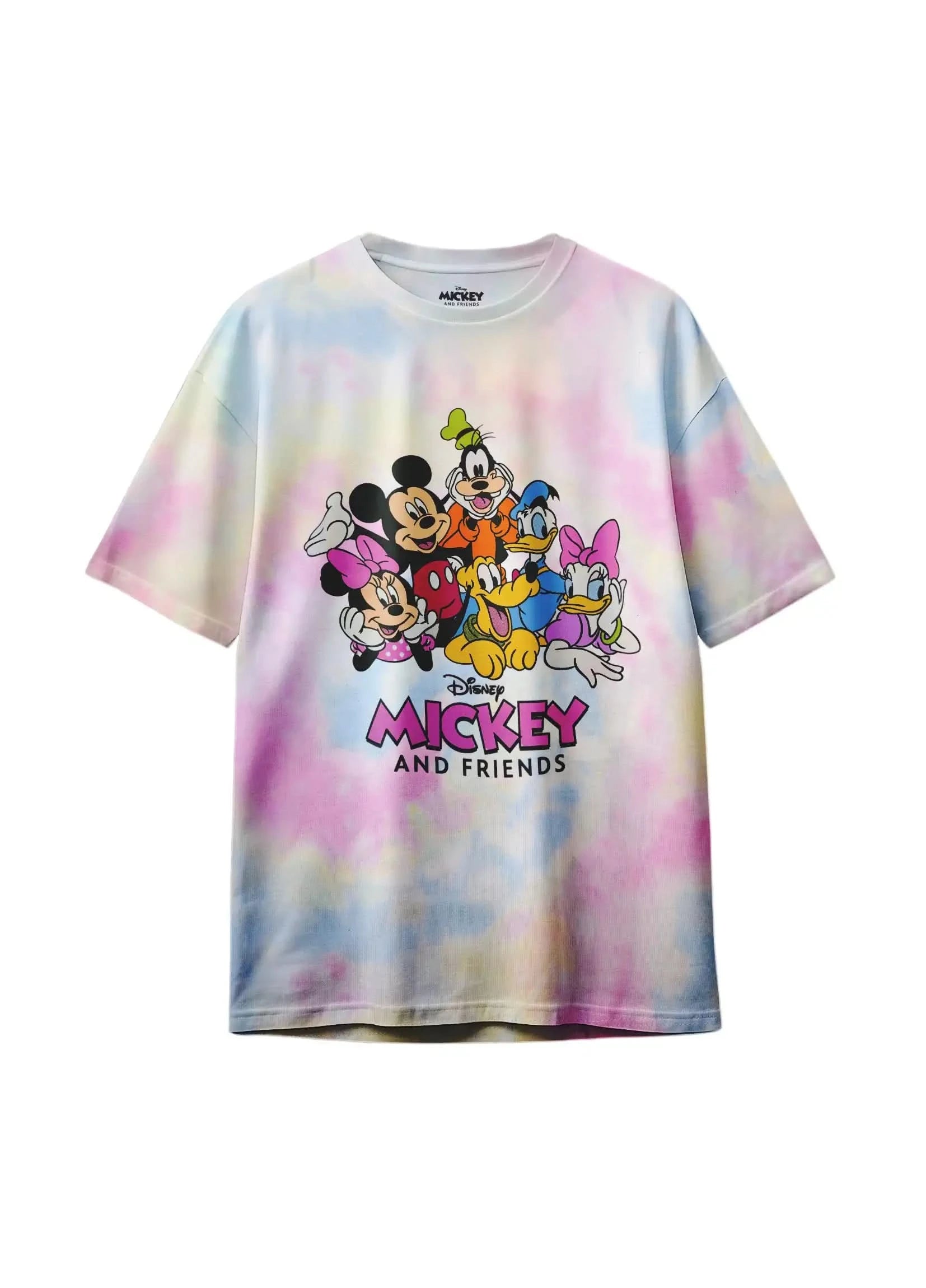 Official Disney Mickey and Friends pastel tie-dye graphic tee for kids – features Mickey, Minnie, Donald, Daisy, Goofy, and Pluto in a colorful design on cotton blend.