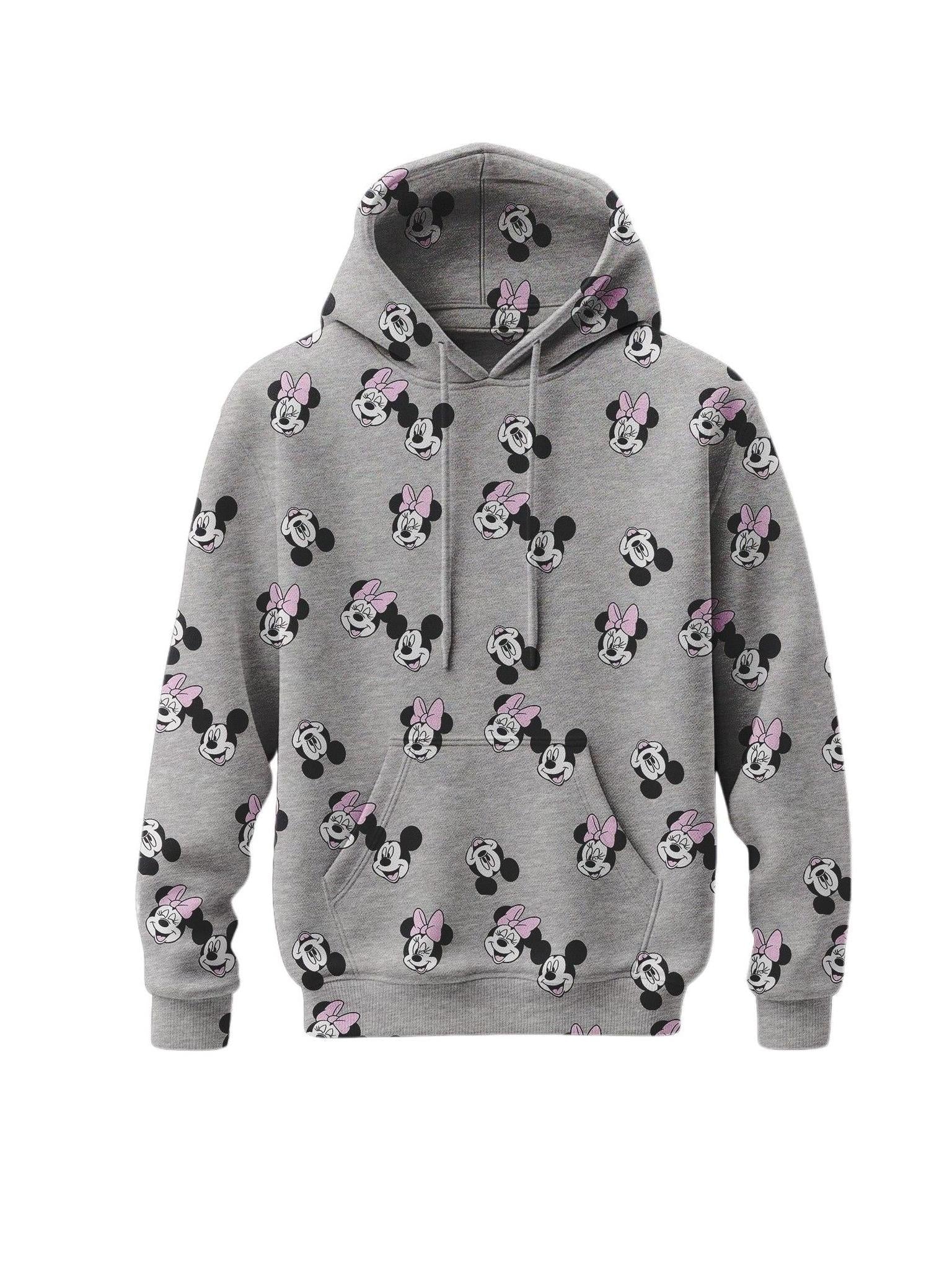 Disney Mickey and Minnie big girl hoodie in gray with all-over character print, 60% cotton and 40% polyester