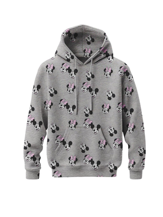 Disney Mickey and Minnie big girl hoodie in gray with all-over character print, 60% cotton and 40% polyester