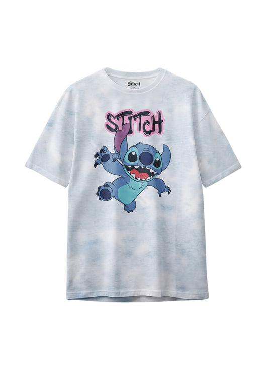 Front view of Disney Stitch Graphic Tee in cloud print for big girls, 60% cotton