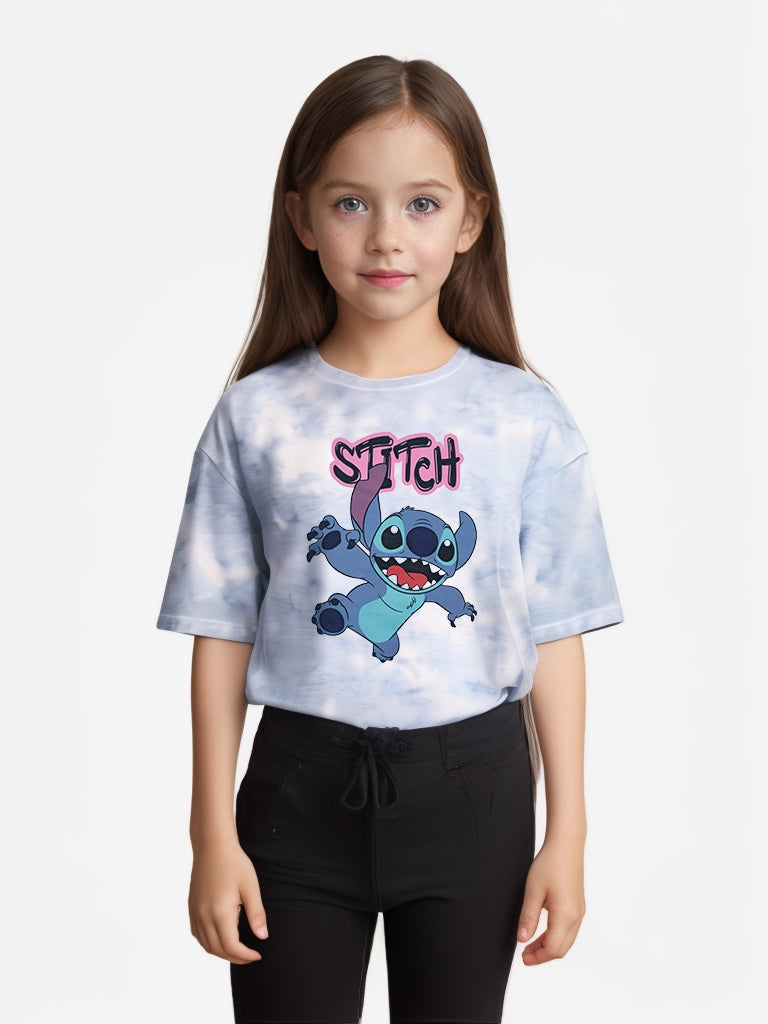 Front view of girl in Stitch t-shirt, relaxed breathable fit