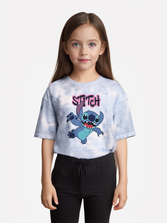 Front view of girl in Stitch t-shirt, relaxed breathable fit