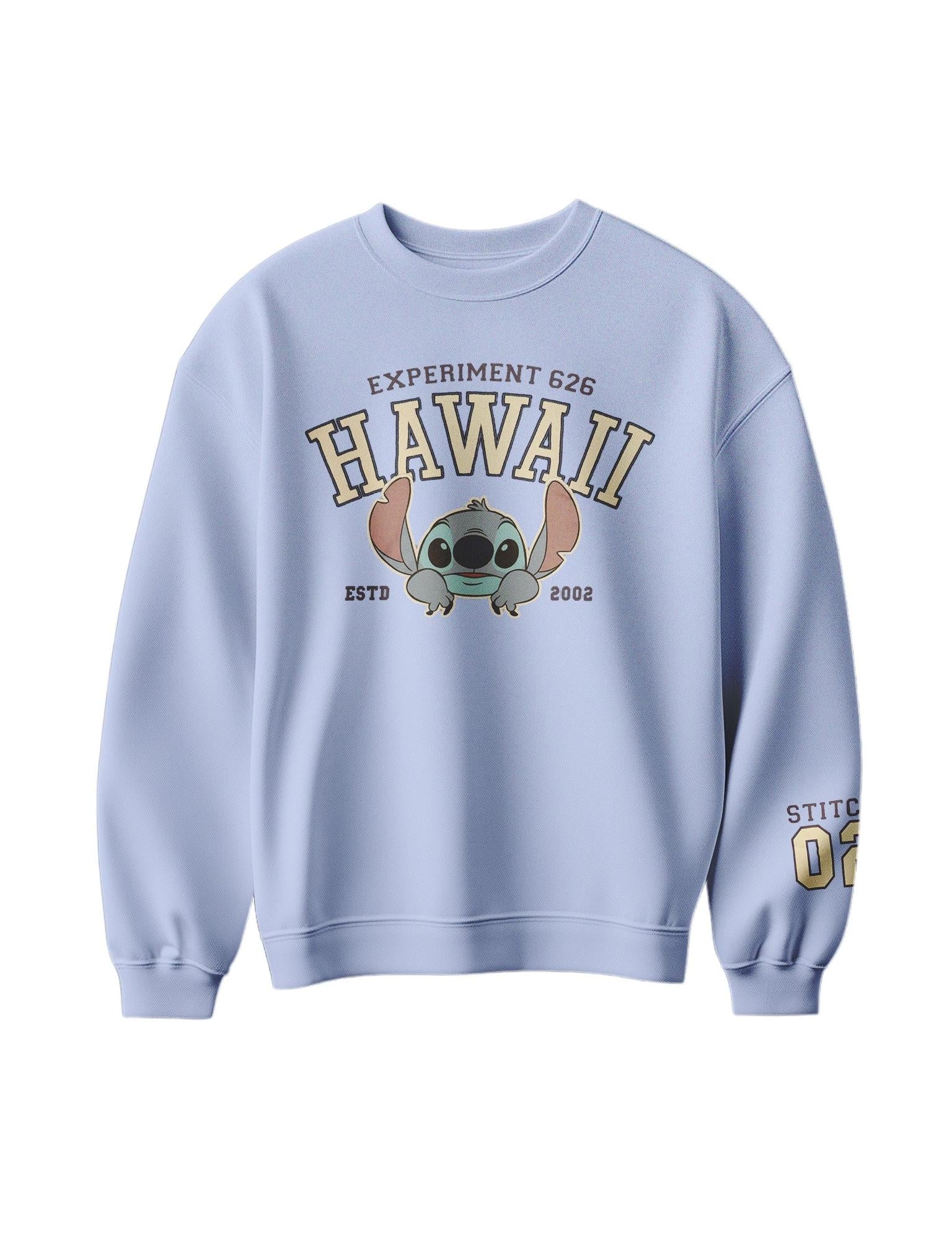 Front view of Disney Stitch Hawaii sweatshirt in light blue with Experiment 626 and Stitch 02 graphics