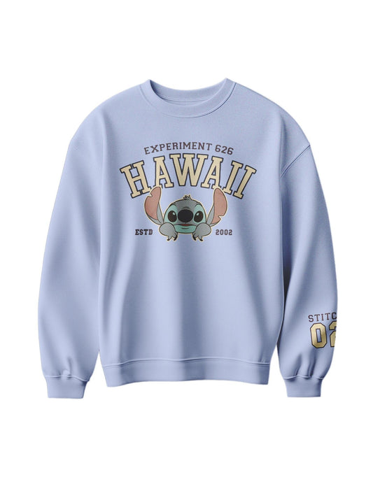 Front view of Disney Stitch Hawaii sweatshirt in light blue with Experiment 626 and Stitch 02 graphics