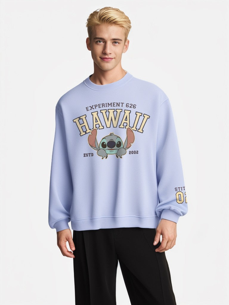 Front view of male model wearing Disney Stitch Hawaii pullover sweatshirt with cartoon print.