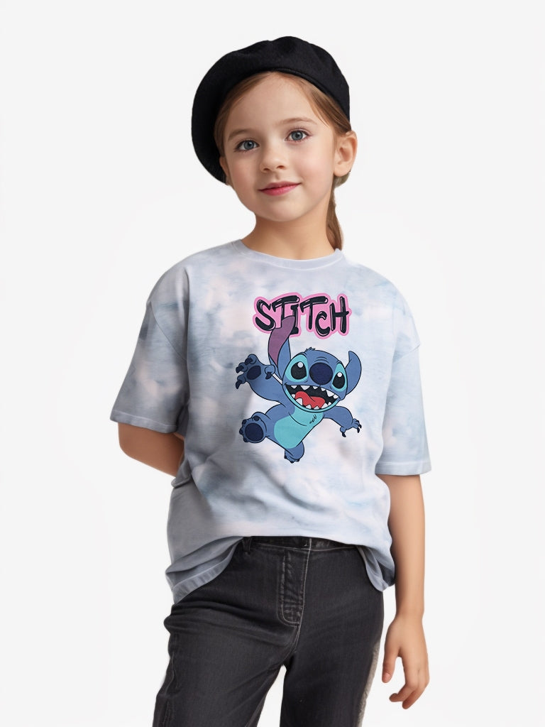 Young girl model wearing Disney Stitch tee – soft blue tie-dye look