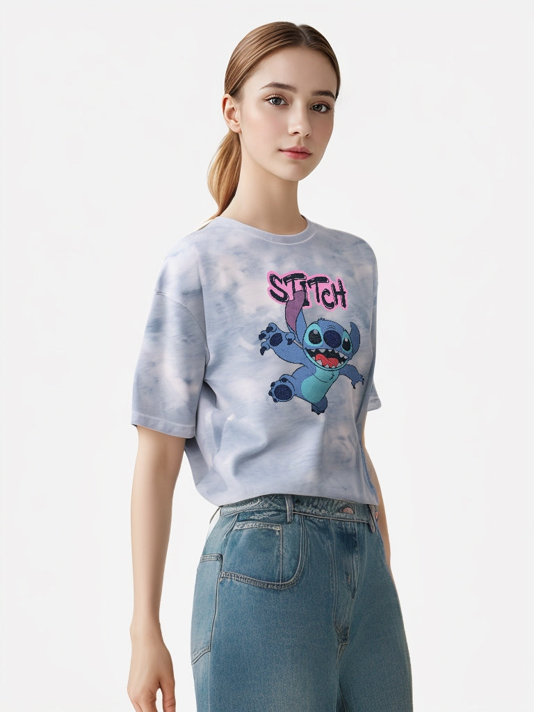 Side view of model wearing Disney Stitch graphic t-shirt, soft breathable cotton