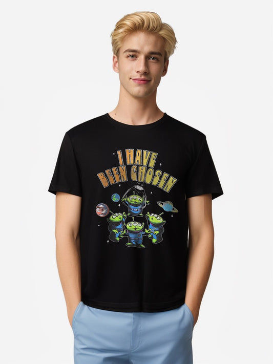 Model wearing Disney Toy Story "I Have Been Chosen" Alien Graphic Tee – Black T-shirt with colorful cartoon print