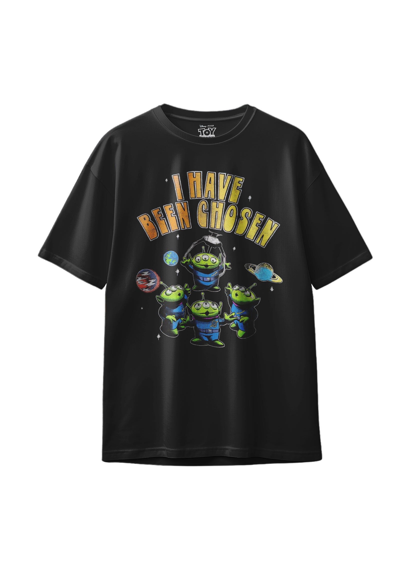 Black Disney Toy Story T-shirt featuring green aliens and the text 