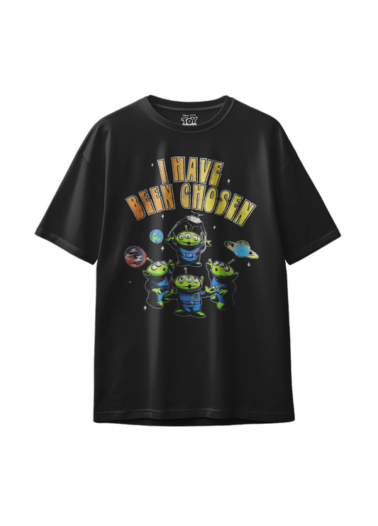 Black Disney Toy Story T-shirt featuring green aliens and the text "I Have Been Chosen"