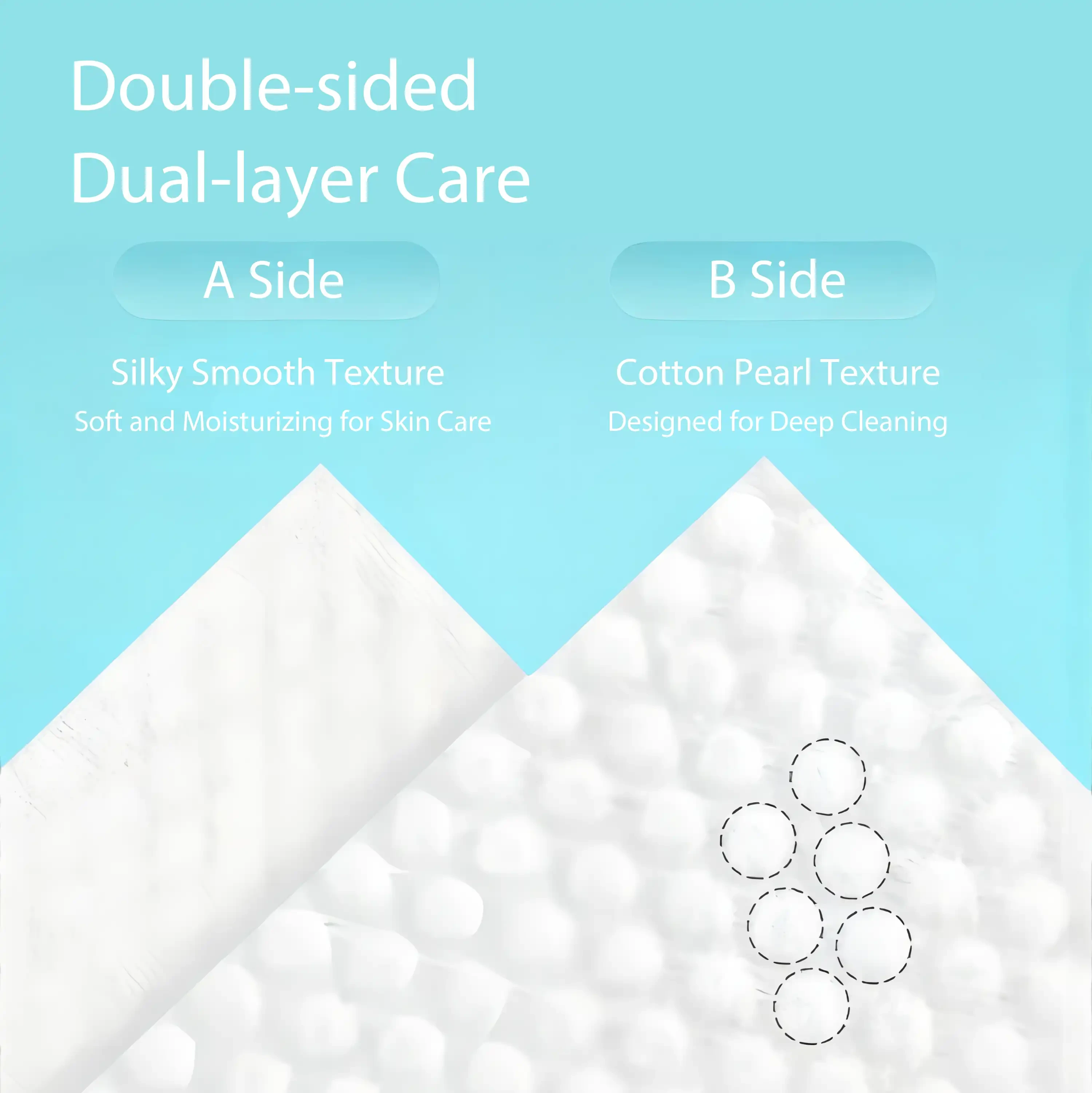 Dual-sided disposable facial towel with silky smooth texture on one side for skincare and cotton pearl texture on the other for deep cleansing.