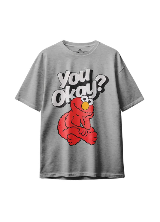 Flat lay of Sesame Street™ Elmo “You Okay?” graphic tee in heather gray with funny slogan print for adults.