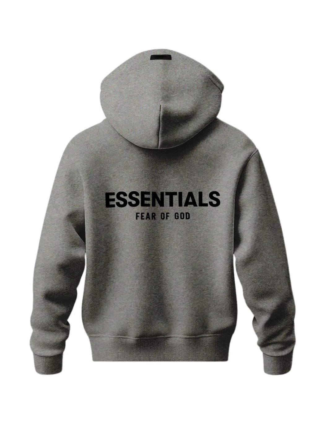 ESSENTIALS 2022 fleece classic hoodie in dark oatmeal colorway, back view with branding