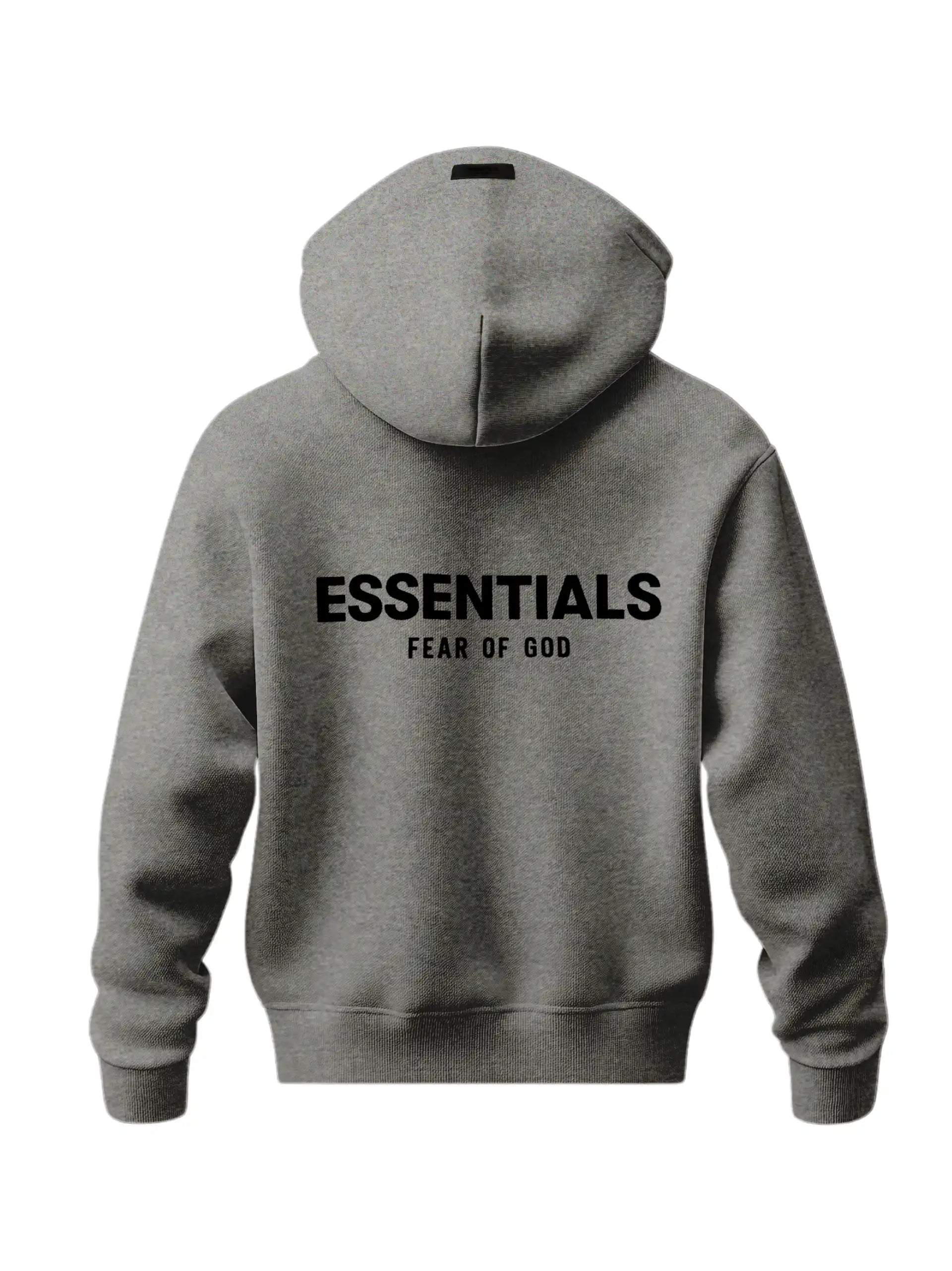 ESSENTIALS 2022 fleece classic hoodie in dark oatmeal colorway, back view with branding