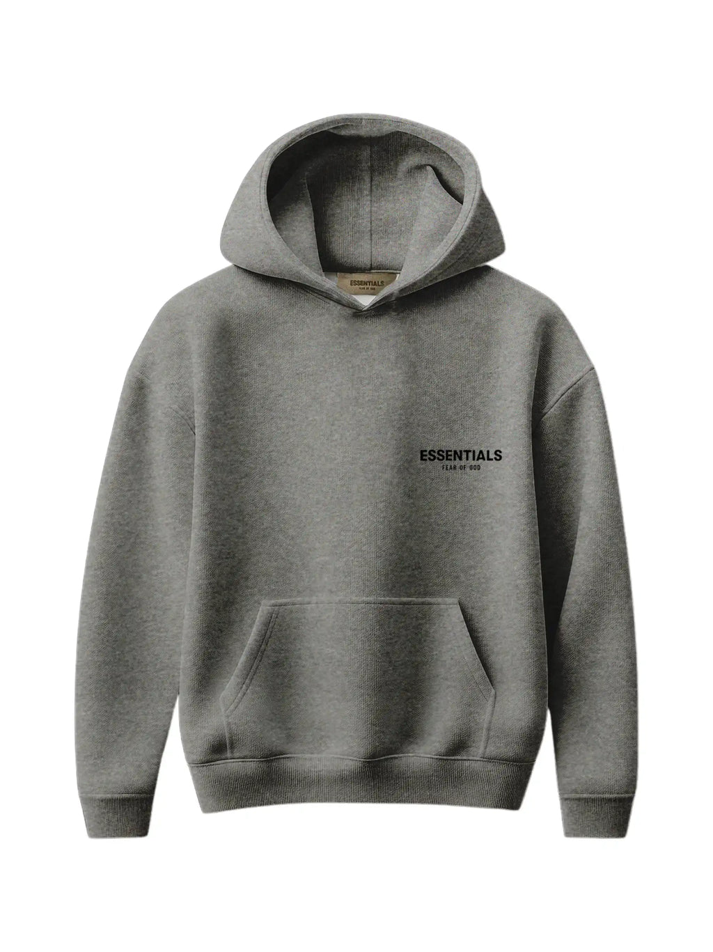 ESSENTIALS 2022 fleece classic hoodie in dark oatmeal colorway, front view, oversized fit