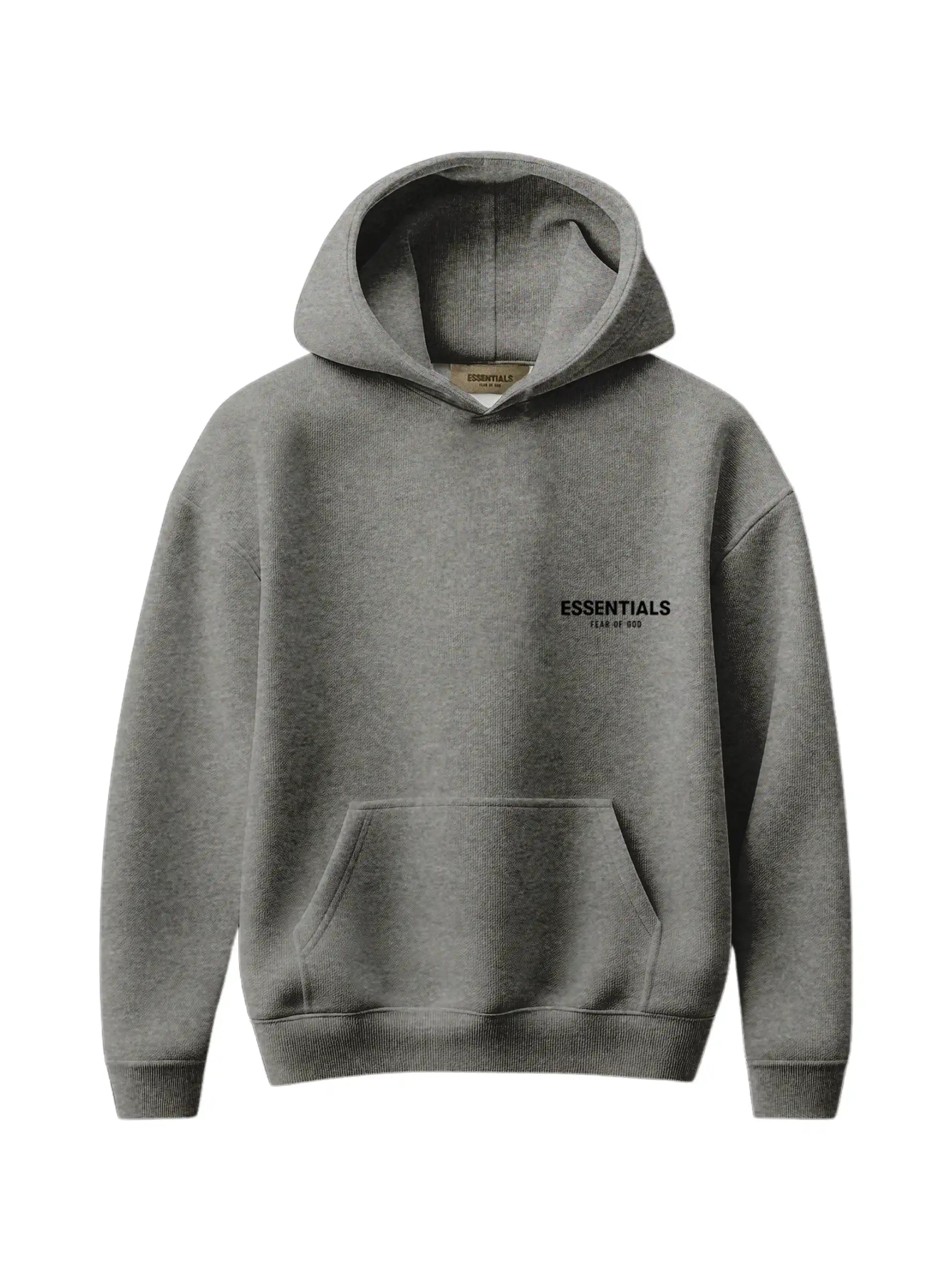 ESSENTIALS 2022 fleece classic hoodie in dark oatmeal colorway, front view, oversized fit