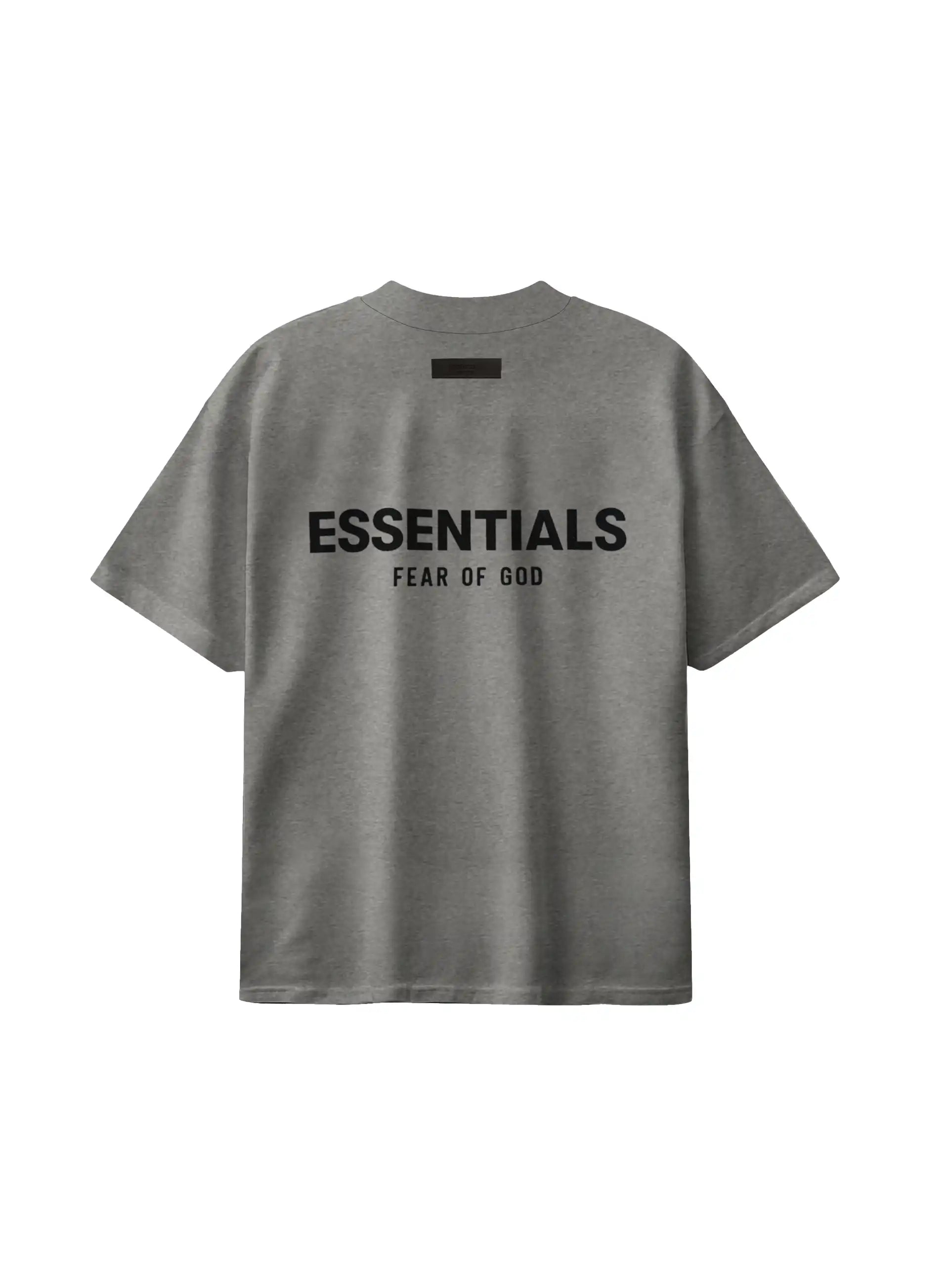 Back view of ESSENTIALS 2022 dark oatmeal t-shirt with printed logo