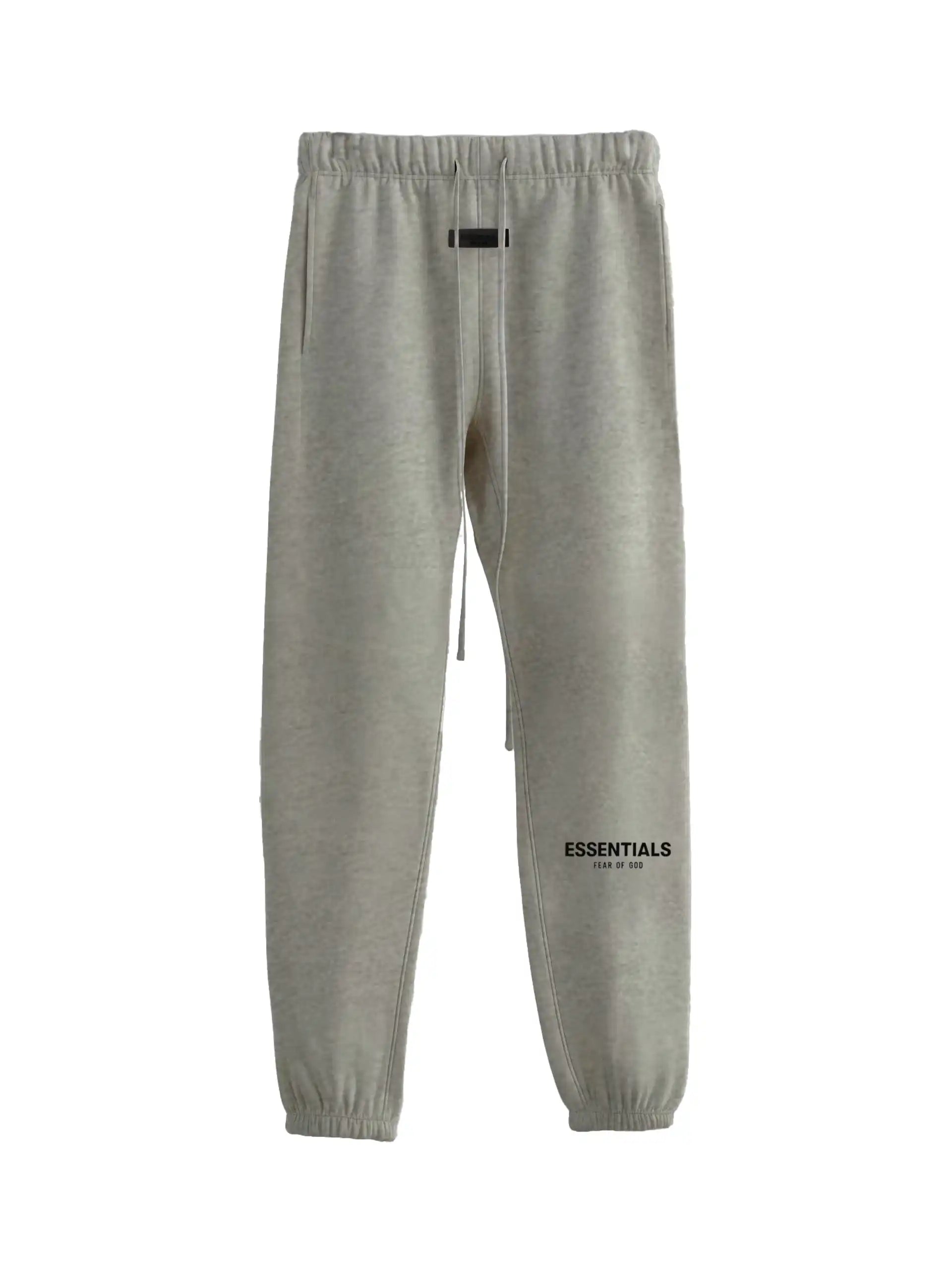 ESSENTIALS 2022 fleece jogger sweatpants in light oatmeal colorway, elastic cuff design, front view