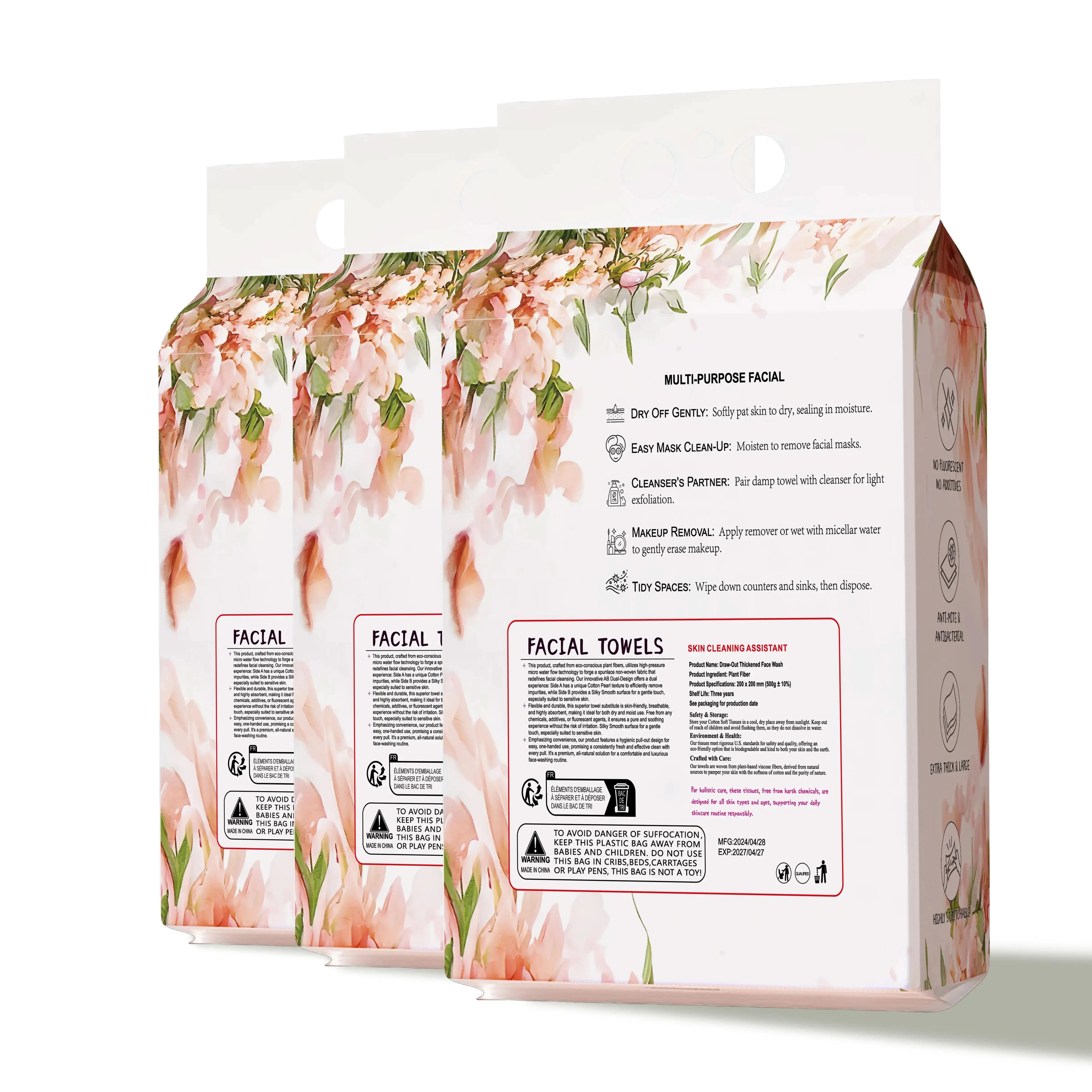 Back view of multi-purpose facial towels packaging showing detailed usage instructions for skincare, makeup removal, cleansing, and safety labels.