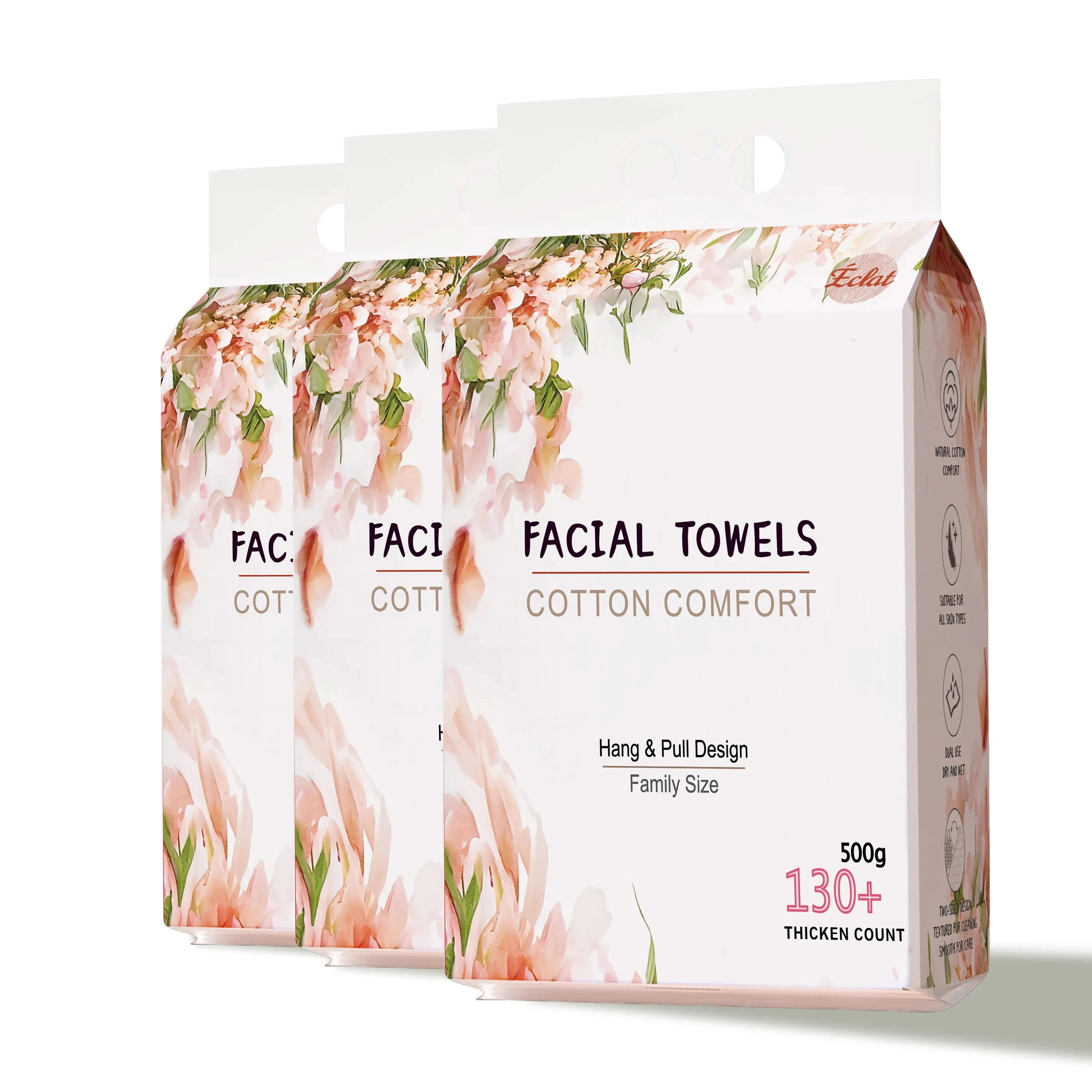 Family pack of three cotton disposable facial towel packs, ideal for skincare, makeup removal, and daily cleansing; each contains 130+ thick sheets.