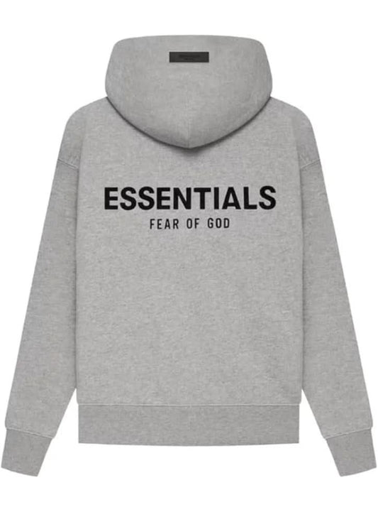 Fear of God Essentials Hoodie 2022 Dark Oatmeal back view | Grey oversized hoodie with large Essentials Fear of God logo print