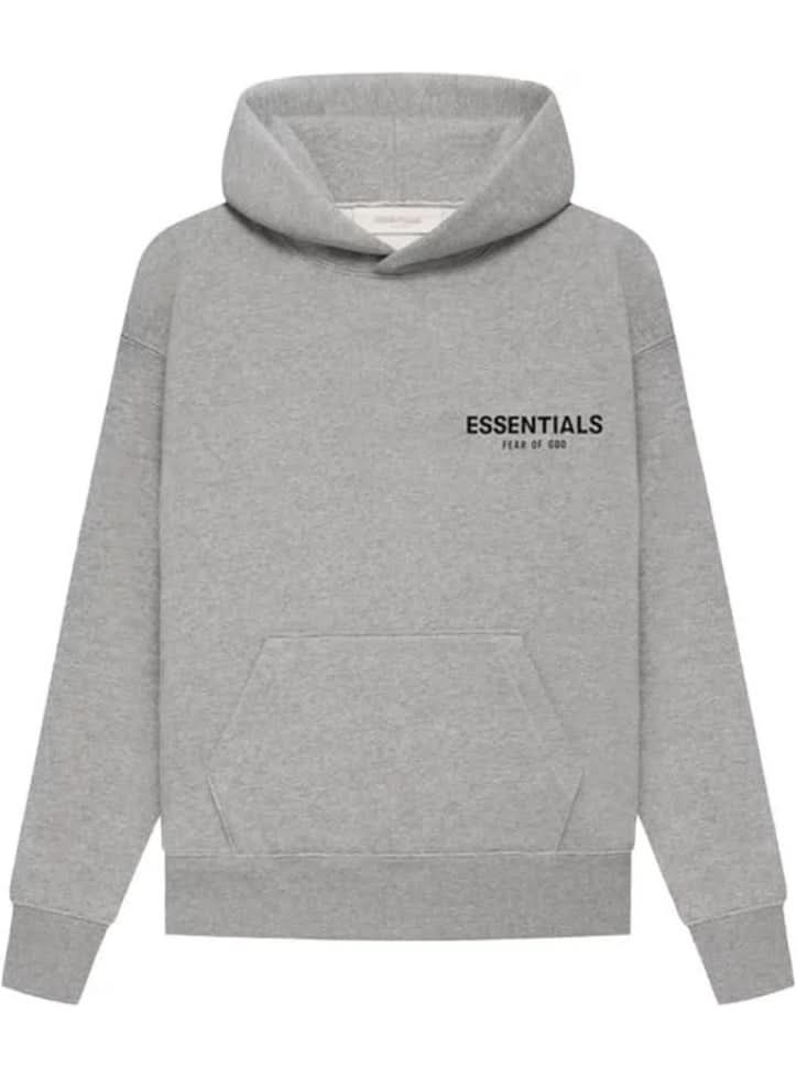 Fear of God Essentials Hoodie 2022 Dark Oatmeal front view | Unisex oversized fit grey cotton hoodie with small Essentials logo chest print