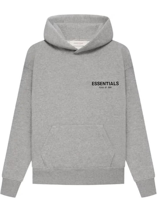 Fear of God Essentials Hoodie 2022 Dark Oatmeal front view | Unisex oversized fit grey cotton hoodie with small Essentials logo chest print