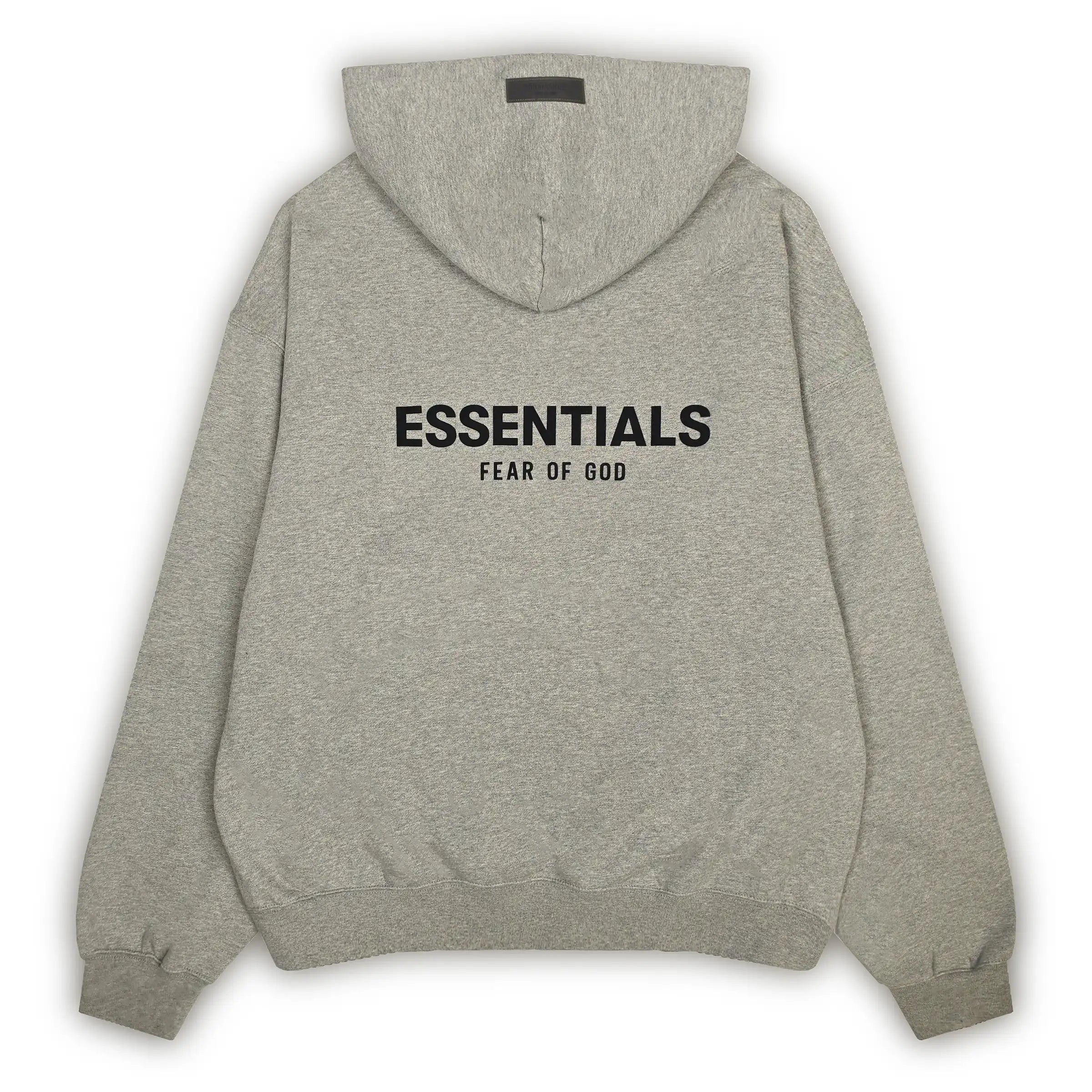 Fear of God Essentials hoodie in dark oatmeal gray, back view with bold ESSENTIALS logo.