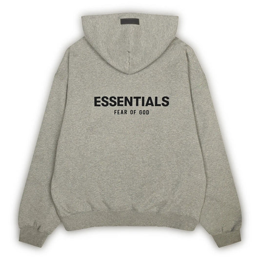 Fear of God Essentials hoodie in dark oatmeal gray, back view with bold ESSENTIALS logo.