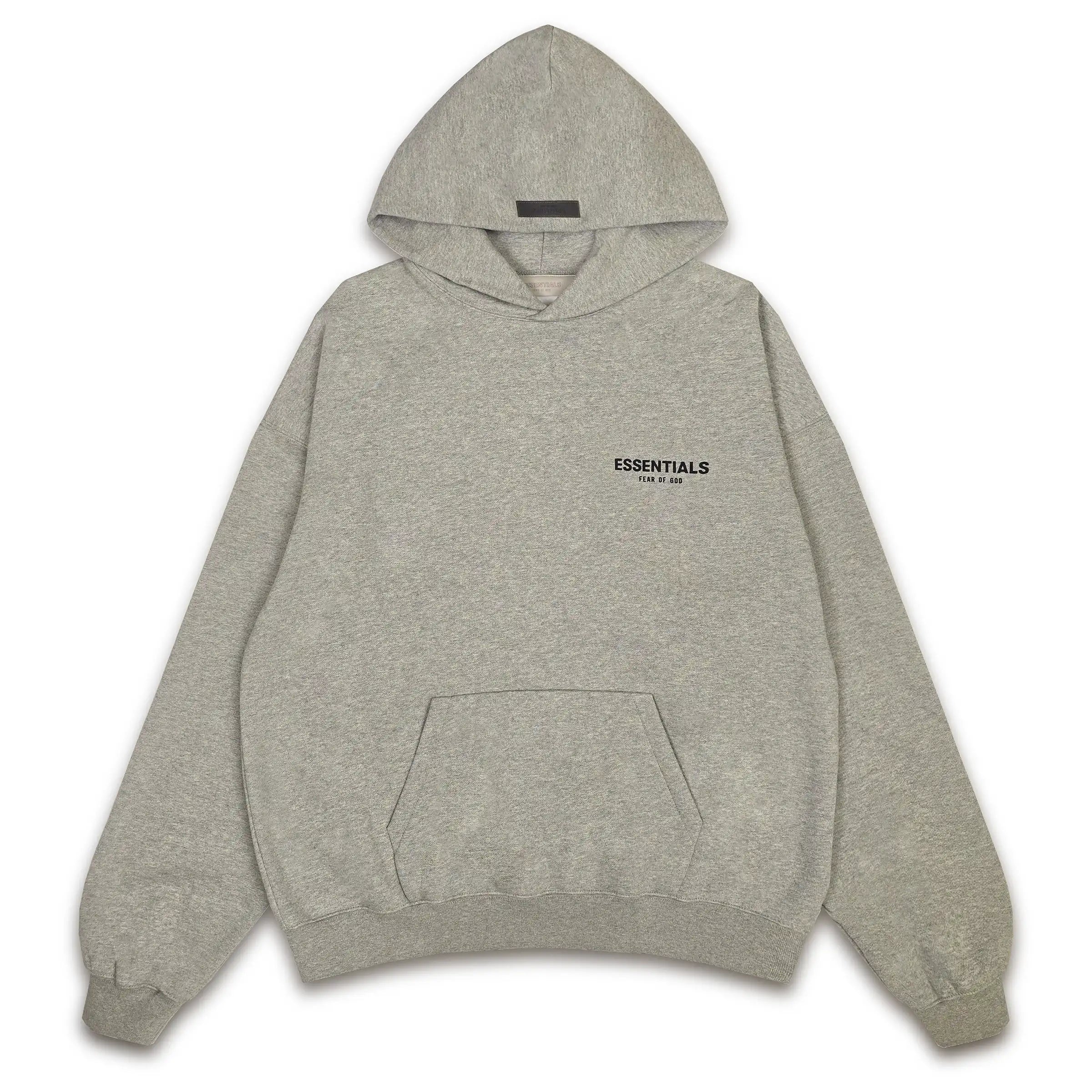 Fear of God Essentials dark oatmeal hoodie, front view with chest logo and kangaroo pocket.