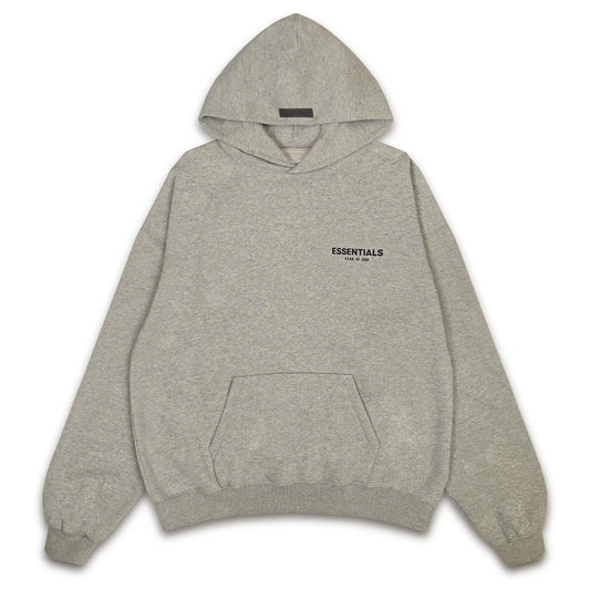 Fear of God Essentials dark oatmeal hoodie, front view with chest logo and kangaroo pocket.