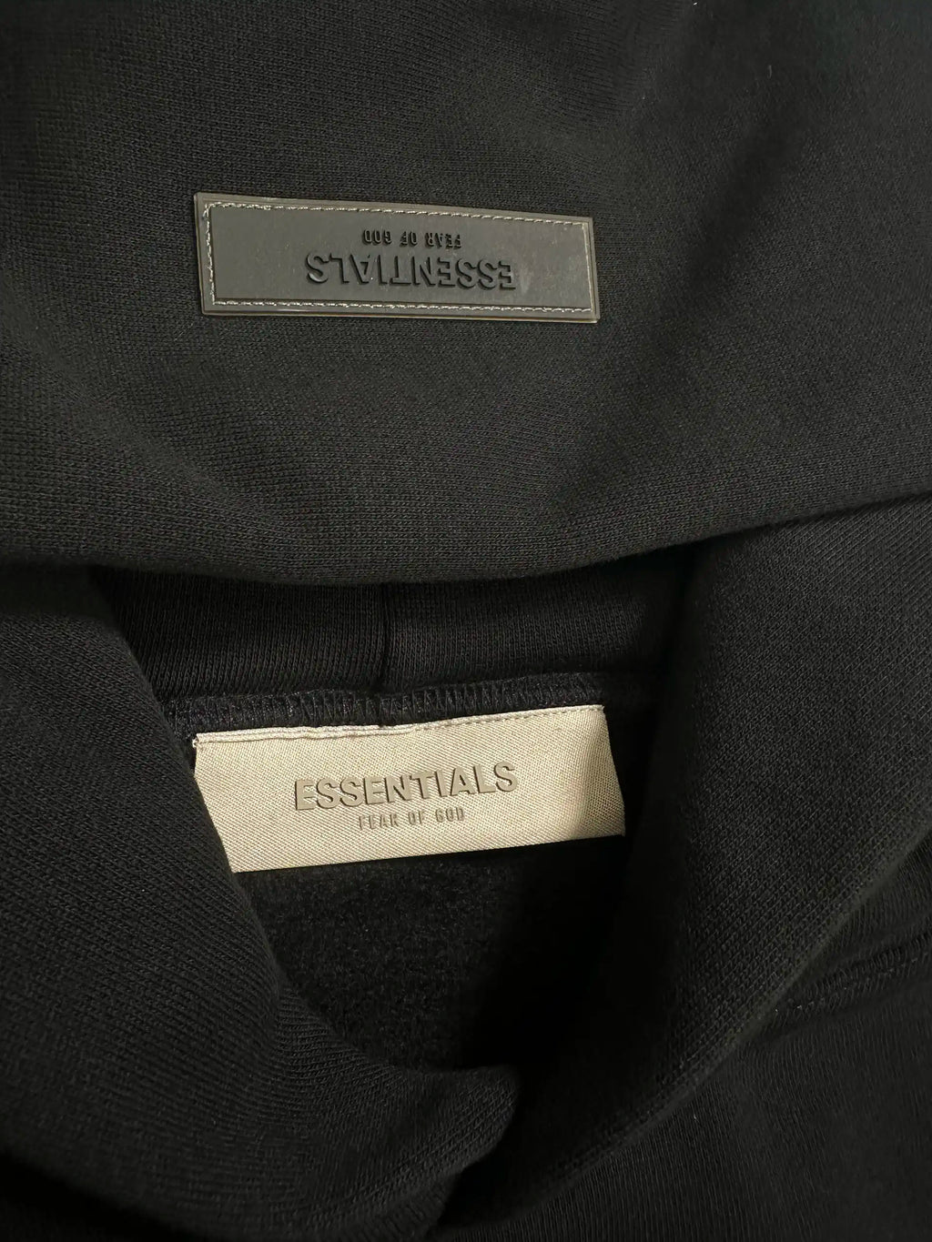 ESSENTIALS Fear of God rubber logo patch on hood detail