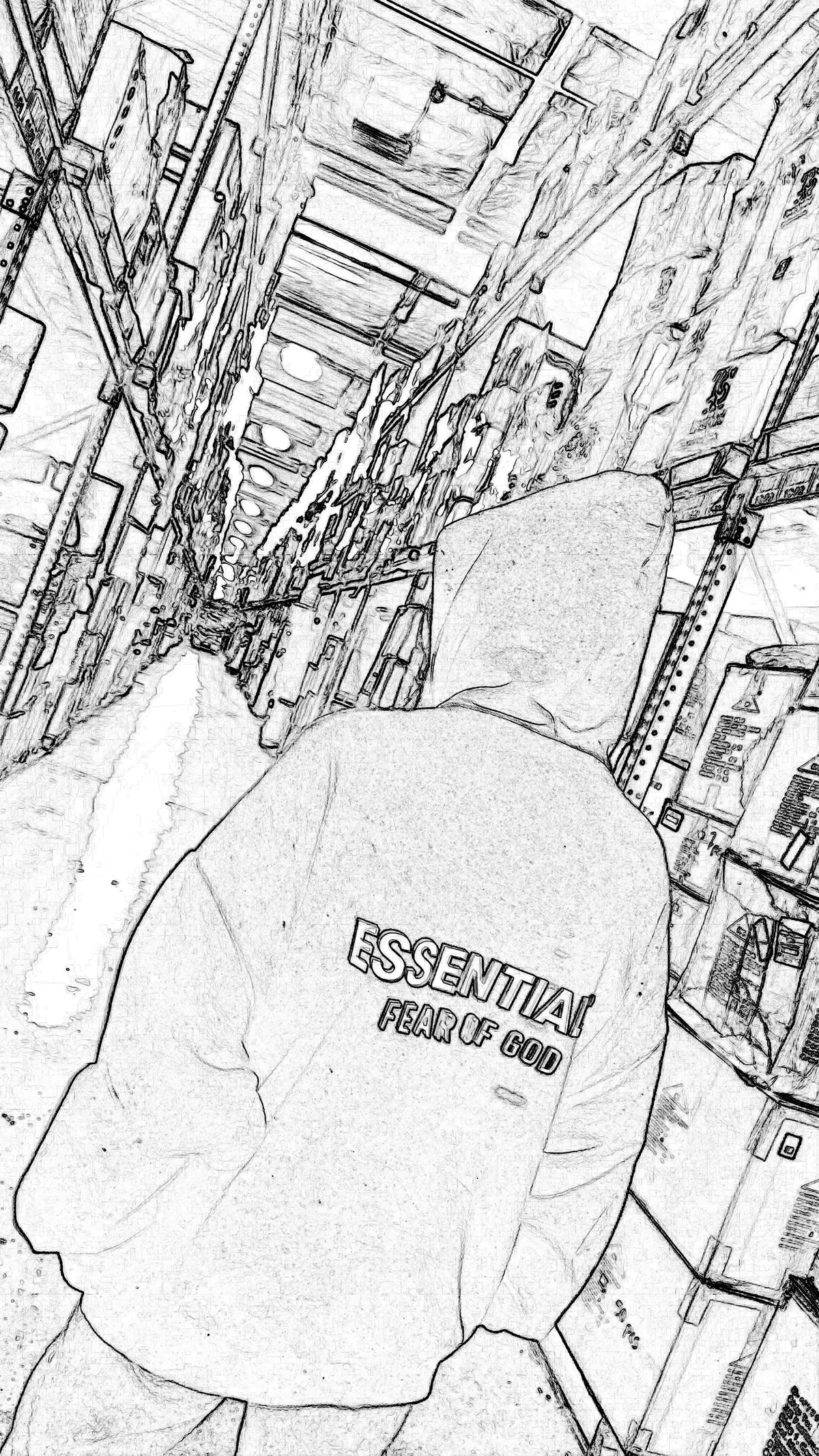 Stylized image of a Fear of God ESSENTIALS hoodie in a warehouse environment