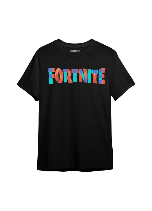Flatlay of Fortnite™ black graphic tee with bold multicolor logo, unisex fit for teens.